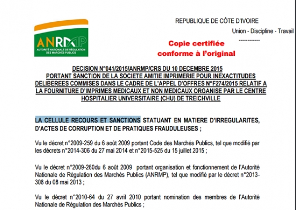 Fac Simil&eacute; d'une d&eacute;cision de sanction de l'ANRMP
