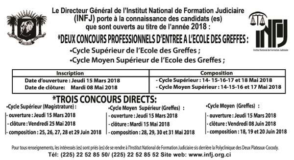 C&ocirc;te d&rsquo;Ivoire : deux concours d&rsquo;admission &agrave; l&rsquo;l'institut national de formation judiciaire lanc&eacute;s