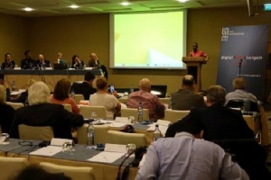 Le SG du SYNAPPCI, Guillaume Gbato, lors de l'Assembl&eacute;e g&eacute;n&eacute;rale de UNI-MEI &agrave; Lisbonne (Portugal), en octobre 2015